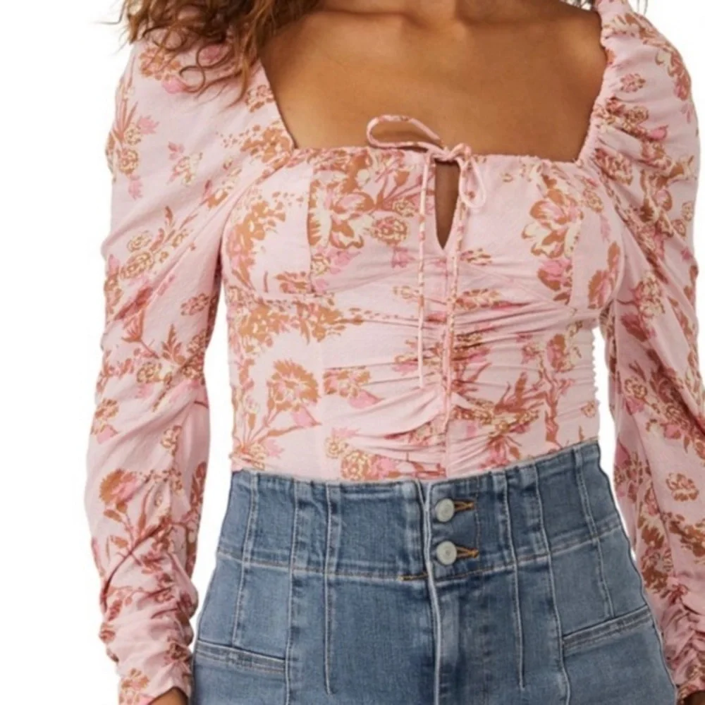 Free People Pink Floral Ruched Puff Sleeve Tie Front Smocked‎ Back Top Boho